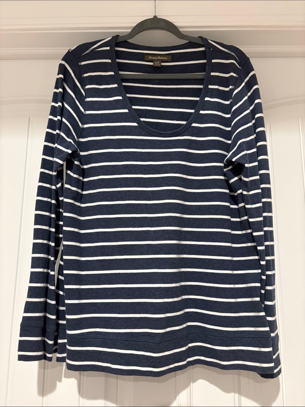 Tommy Bahama Navy and White Striped Long Sleeve Scoop Neck Tee